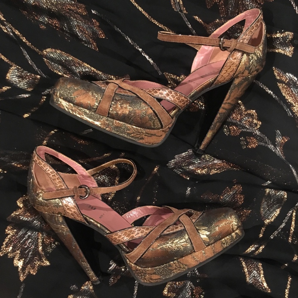 Miu Miu bronze brocade snakeskin mixed metal Mary Janes 36 - Picture 7 of 8